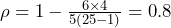 Rendered by QuickLaTeX.com  \rho = 1 - \frac{6 \times 4}{5(25-1)} = 0.8